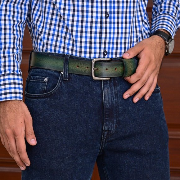 Forest Green Vintage Oil Waxed Full Grain Leather Belt - Free Personalization - Picture 10 of 15